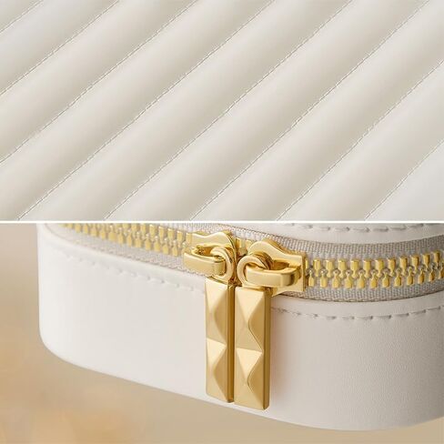 White Medium Travel Jewelry Box with Metal Zipper, Detachable Organizer & Mirror, Portable Case for Rings/Earrings - Ideal Gift in Saudi Arabia