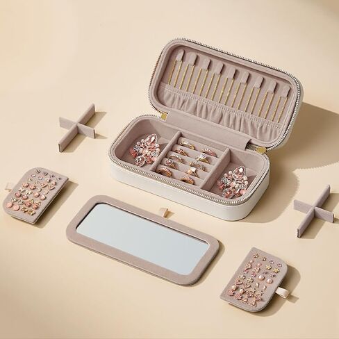 White Medium Travel Jewelry Box with Metal Zipper, Detachable Organizer & Mirror, Portable Case for Rings/Earrings - Ideal Gift in Saudi Arabia