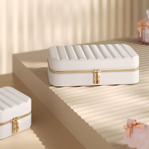 White Medium Travel Jewelry Box with Metal Zipper, Detachable Organizer & Mirror, Portable Case for Rings/Earrings - Ideal Gift in Saudi Arabia