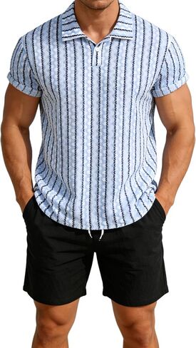 Men's Striped Jacquard Polo Shirt & Linen Feel Shorts Set 2 Piece Casual Summer Beach Outfits in Kuwait