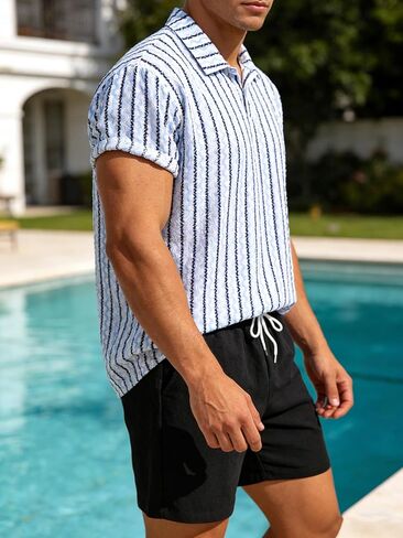 Men's Striped Jacquard Polo Shirt & Linen Feel Shorts Set 2 Piece Casual Summer Beach Outfits in Kuwait