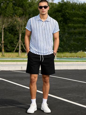 Men's Striped Jacquard Polo Shirt & Linen Feel Shorts Set 2 Piece Casual Summer Beach Outfits in Kuwait