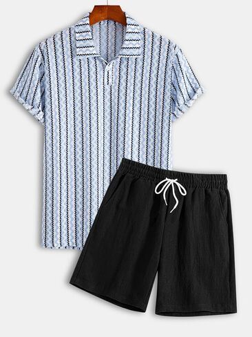 Men's Striped Jacquard Polo Shirt & Linen Feel Shorts Set 2 Piece Casual Summer Beach Outfits in Kuwait