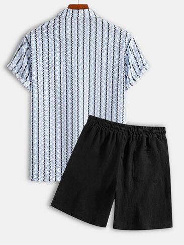 Men's Striped Jacquard Polo Shirt & Linen Feel Shorts Set 2 Piece Casual Summer Beach Outfits in Kuwait