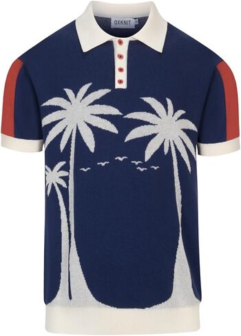 OXKNIT Men's Knit Short Sleeve Shirts Retro Knitted Polo Shirt Coconut Tree Pattern Dark Blue Polo with Quarter Button in Saudi Arabia