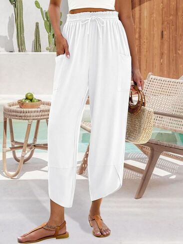Women's Linen Palazzo Pants Boho Wide Leg Elastic Waist Casual Capri Harem Lounge Pants with Pockets in Kuwait