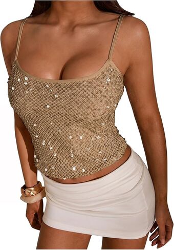 BEAUDRM Women's Sequin Camisole Sparkly Sleeveless Spaghetti Strap Party Club Fitted Going Out Cami Tops in Kuwait