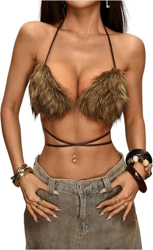 MakeMeChic Women's Faux Fur Bra Top Furry Halter Backless Crop Tops Criss Cross Tank Top Rave Party Clubwear in Kuwait