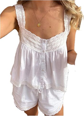 Women Lace Trim Eyelet Tank Top Boho Ruffle Lace Babydoll Cami Top Backless Hollow Out Tiered Peplum Camisole in Saudi Arabia