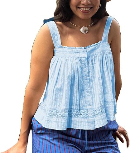 Women Lace Trim Vest Tank Top Y2k Eyelet Loose Button Down Camisole Boho Peplum Tie Front Sleeveless Crop Top in Saudi Arabia