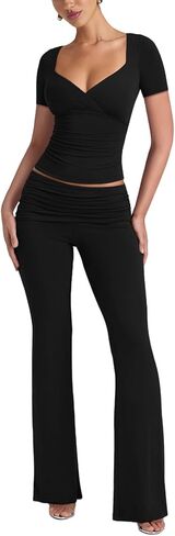Lrady Womens 2 Piece Outfits Lounge Sets Lightweight Short Sleeve Crop Tops Fold Over Flare Pants Tracksuits in Saudi Arabia