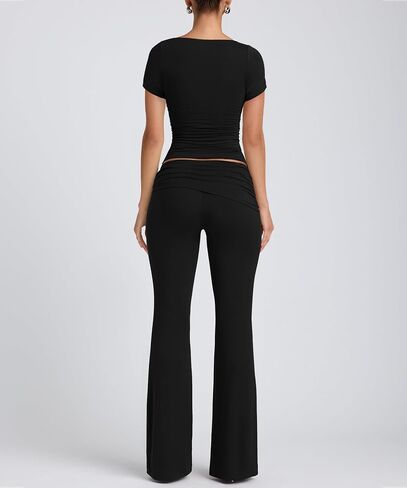 Lrady Womens 2 Piece Outfits Lounge Sets Lightweight Short Sleeve Crop Tops Fold Over Flare Pants Tracksuits in Saudi Arabia