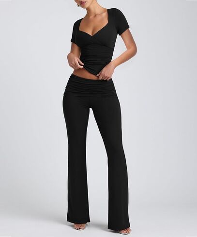Lrady Womens 2 Piece Outfits Lounge Sets Lightweight Short Sleeve Crop Tops Fold Over Flare Pants Tracksuits in Saudi Arabia