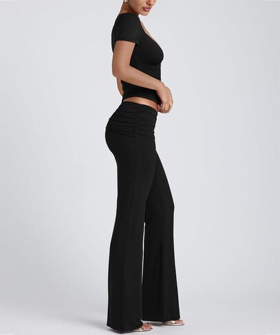 Lrady Womens 2 Piece Outfits Lounge Sets Lightweight Short Sleeve Crop Tops Fold Over Flare Pants Tracksuits in Saudi Arabia