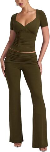 Lrady Womens 2 Piece Outfits Lounge Sets Lightweight Short Sleeve Crop Tops Fold Over Flare Pants Tracksuits in Saudi Arabia