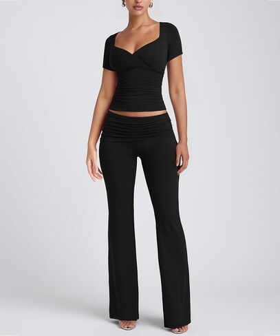 Lrady Womens 2 Piece Outfits Lounge Sets Lightweight Short Sleeve Crop Tops Fold Over Flare Pants Tracksuits in Saudi Arabia