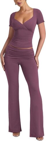 Lrady Womens 2 Piece Outfits Lounge Sets Lightweight Short Sleeve Crop Tops Fold Over Flare Pants Tracksuits in Saudi Arabia