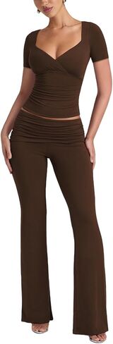 Lrady Womens 2 Piece Outfits Lounge Sets Lightweight Short Sleeve Crop Tops Fold Over Flare Pants Tracksuits in Saudi Arabia