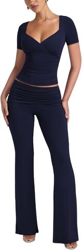 Lrady Womens 2 Piece Outfits Lounge Sets Lightweight Short Sleeve Crop Tops Fold Over Flare Pants Tracksuits in Saudi Arabia