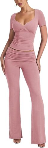Lrady Womens 2 Piece Outfits Lounge Sets Lightweight Short Sleeve Crop Tops Fold Over Flare Pants Tracksuits in Saudi Arabia