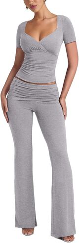 Lrady Womens 2 Piece Outfits Lounge Sets Lightweight Short Sleeve Crop Tops Fold Over Flare Pants Tracksuits in Saudi Arabia