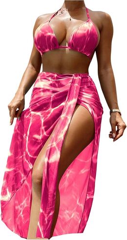 Floerns Women's 3 Piece Bikini Set Tie Dye Halter String Swimsuit with Beach Cover Up Skirt in Kuwait