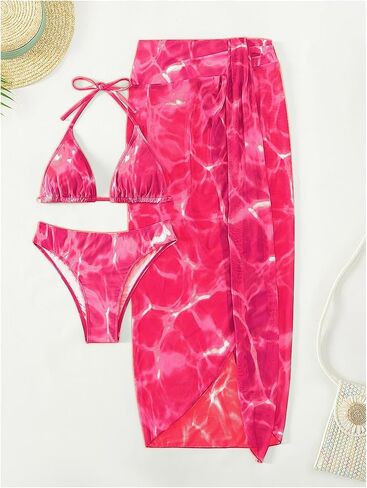 Floerns Women's 3 Piece Bikini Set Tie Dye Halter String Swimsuit with Beach Cover Up Skirt in Kuwait