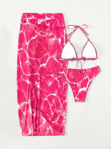 Floerns Women's 3 Piece Bikini Set Tie Dye Halter String Swimsuit with Beach Cover Up Skirt in Kuwait