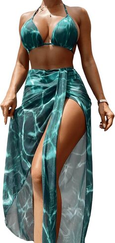 Floerns Women's 3 Piece Bikini Set Tie Dye Halter String Swimsuit with Beach Cover Up Skirt in Kuwait