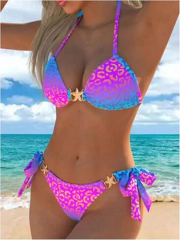 SOLY HUX Women's Leopard Bikini Swimsuits Halter Tie Side Bathing Suits Beach Resort Swimwear in Kuwait