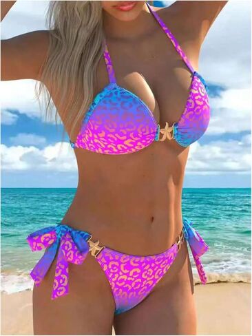 SOLY HUX Women's Leopard Bikini Swimsuits Halter Tie Side Bathing Suits Beach Resort Swimwear in Kuwait