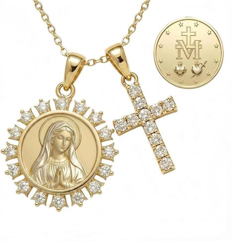 14K Gold Plated Virgin Mary Necklace for Women, S925 Sterling Silver Miraculous Medal Necklace for Mom, Cross Pendant, Baptism Jewelry Gift for Her in Saudi Arabia