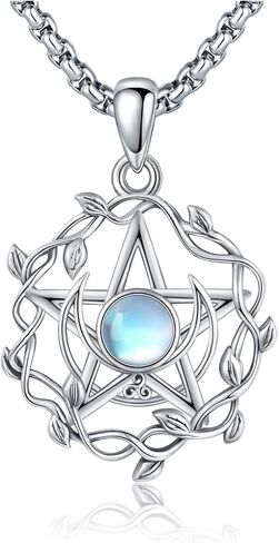Pentagram Pentacle Necklace Moonstone Pentagram Pentacle Pendant Necklace 18K White Gold Plating with Oxidation Process Witches Knot Jewelry for Women in Saudi Arabia