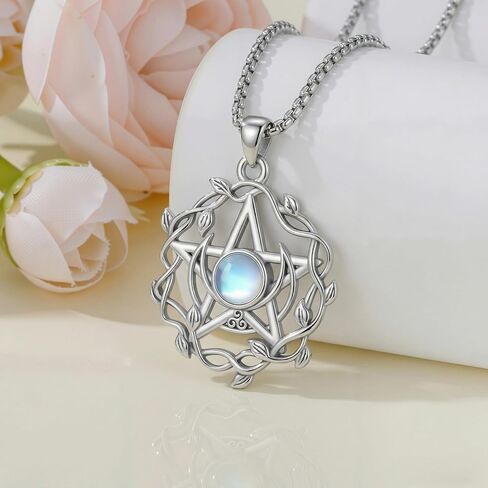 Pentagram Pentacle Necklace Moonstone Pentagram Pentacle Pendant Necklace 18K White Gold Plating with Oxidation Process Witches Knot Jewelry for Women in Saudi Arabia