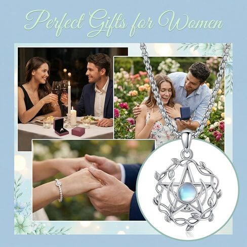 Pentagram Pentacle Necklace Moonstone Pentagram Pentacle Pendant Necklace 18K White Gold Plating with Oxidation Process Witches Knot Jewelry for Women in Saudi Arabia