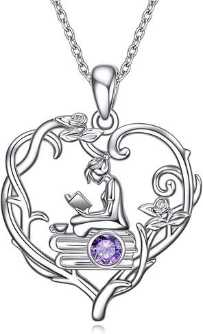 Book Lover Necklace for Women Reading Book Pendant with Birthstone/Abalone/Moonstone/Crystal Literary Jewelry Gifts for Student Friends Classmate Readers, Librarians, Writers in Saudi Arabia