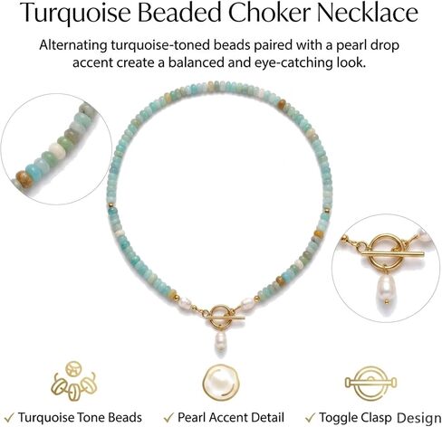 Turquoise Beaded Necklace for Women Pearl Toggle Clasp Choker Necklace Handmade Stone Bead Necklace Dainty Summer Beach Jewelry in Kuwait