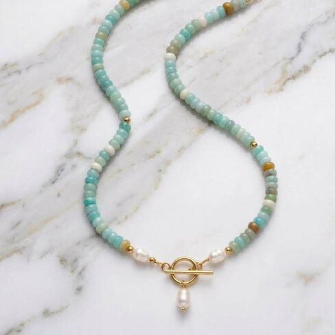 Turquoise Beaded Necklace for Women Pearl Toggle Clasp Choker Necklace Handmade Stone Bead Necklace Dainty Summer Beach Jewelry in Kuwait
