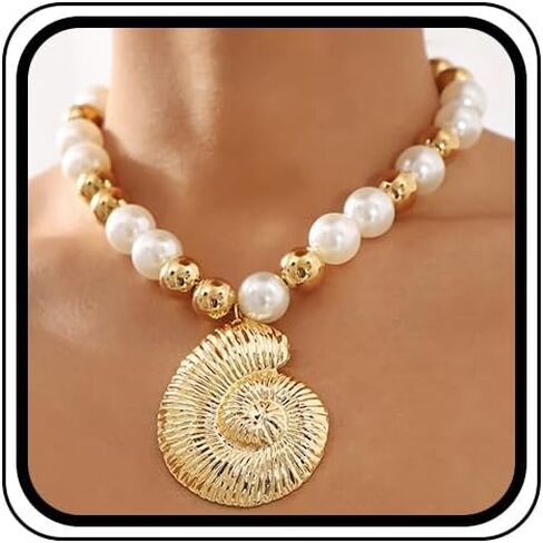 Chunky 14K Gold Pearl Conch Statement Necklace Exaggerated Large Round Balls Beaded Choker Seashell Collar Necklace Dainty Beach Ocean Jewelry for Women in Saudi Arabia