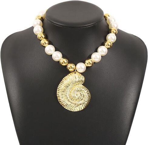 Chunky 14K Gold Pearl Conch Statement Necklace Exaggerated Large Round Balls Beaded Choker Seashell Collar Necklace Dainty Beach Ocean Jewelry for Women in Saudi Arabia