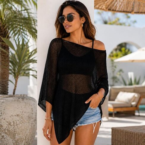 Women Sheer Poncho Top Crochet Mesh Beach Cover Up See Through Shawl Summer Shrug Festival Vacation in Saudi Arabia