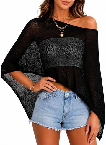 Women Sheer Poncho Top Crochet Mesh Beach Cover Up See Through Shawl Summer Shrug Festival Vacation in Saudi Arabia
