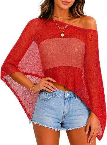 Women Sheer Poncho Top Crochet Mesh Beach Cover Up See Through Shawl Summer Shrug Festival Vacation in Saudi Arabia