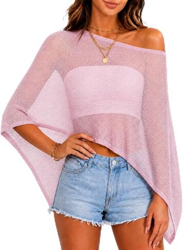 Women Sheer Poncho Top Crochet Mesh Beach Cover Up See Through Shawl Summer Shrug Festival Vacation in Saudi Arabia