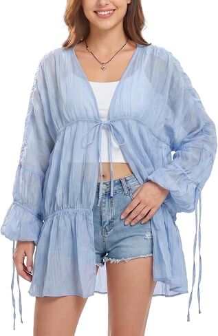 Womens Swimsuit Coverup Flowy Ruched Bell Sleeve Beach Cover Up Tops Summer Casual Long Chiffon Front Tie Cardigan in Saudi Arabia