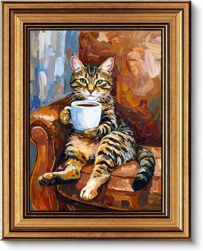 Kawacolibb Whimsical Coffee Cat Framed Wall Art - Vintage Tabby Cat Oil Painting - Rustic Farmhouse Decor for Kitchen - 9x11 Inches in Saudi Arabia