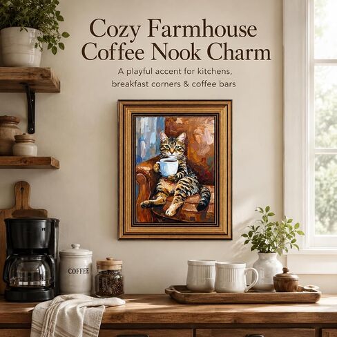 Kawacolibb Whimsical Coffee Cat Framed Wall Art - Vintage Tabby Cat Oil Painting - Rustic Farmhouse Decor for Kitchen - 9x11 Inches in Saudi Arabia