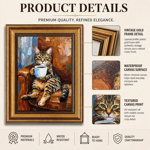Kawacolibb Whimsical Coffee Cat Framed Wall Art - Vintage Tabby Cat Oil Painting - Rustic Farmhouse Decor for Kitchen - 9x11 Inches in Saudi Arabia