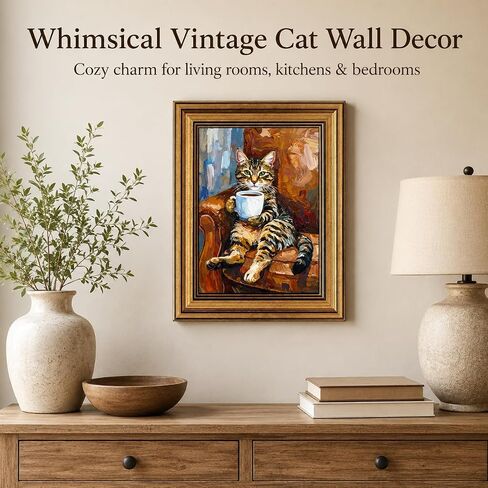 Kawacolibb Whimsical Coffee Cat Framed Wall Art - Vintage Tabby Cat Oil Painting - Rustic Farmhouse Decor for Kitchen - 9x11 Inches in Saudi Arabia