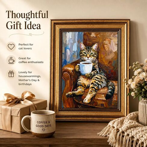 Kawacolibb Whimsical Coffee Cat Framed Wall Art - Vintage Tabby Cat Oil Painting - Rustic Farmhouse Decor for Kitchen - 9x11 Inches in Saudi Arabia
